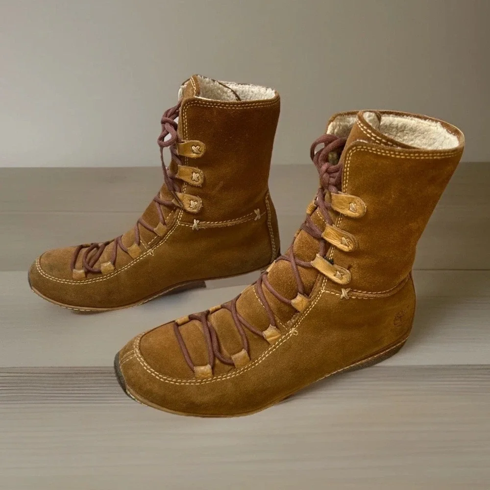 Timberland Reykir Ghillie Suede Shearling Waterproof Boots Women's 7.5 Brown EUC